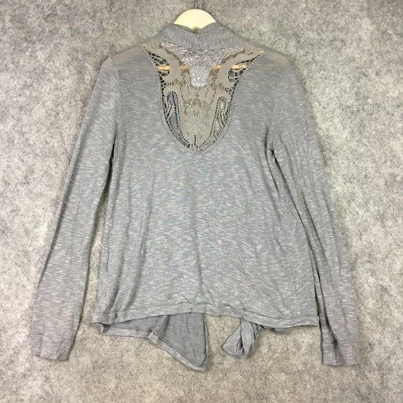 Urban Outfitters Silence Noise Cardigan L Slub Gray Lace Inset Open Front Career - Picture 13 of 14